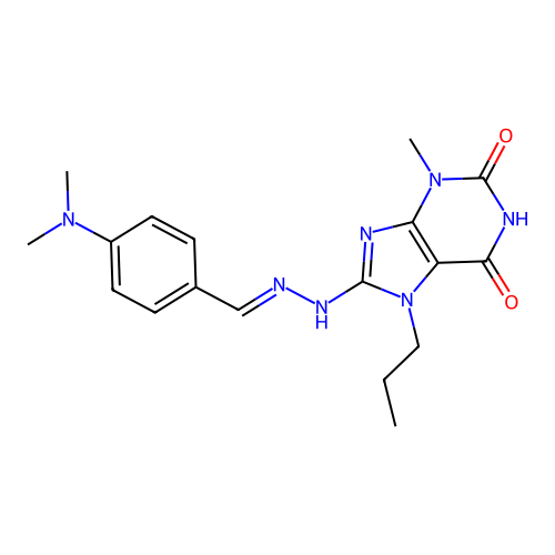 (E)-8-(2-(4-(dimethylamino)benzylidene)hydrazinyl)-3-methyl-7-propyl-1H-purine-2,6(3H,7H)-dione structure