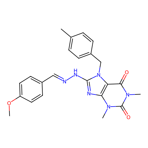 8-[(E)-2-[(4-methoxyphenyl)methylidene]hydrazin-1-yl]-1,3-dimethyl-7-[(4-methylphenyl)methyl]-2,3,6,7-tetrahydro-1H-purine-2,6-dione structure