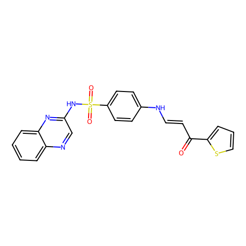 4-[(3-oxo-3-thiophen-2-yl-prop-1-enyl)amino]-N-quinoxalin-2-yl-benzenesulfonamide structure