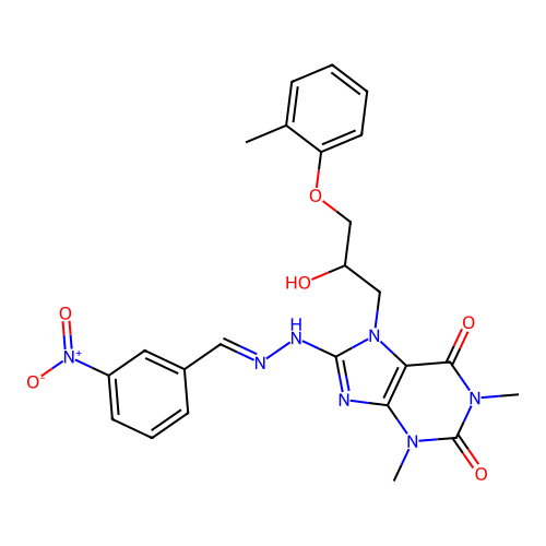 (E)-7-(2-hydroxy-3-(o-tolyloxy)propyl)-1,3-dimethyl-8-(2-(3-nitrobenzylidene)hydrazinyl)-1H-purine-2,6(3H,7H)-dione structure