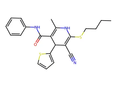 6-butylsulfanyl-5-cyano-2-methyl-N-phenyl-4-thiophen-2-yl-1,4-dihydropyridine-3-carboxamide structure