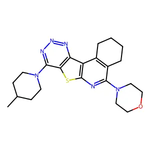 4-(8-(4-methylpiperidin-1-yl)-1,2,3,4-tetrahydro-[1,2,3]triazino[4',5':4,5]thieno[2,3-c]isoquinolin-5-yl)morpholine structure