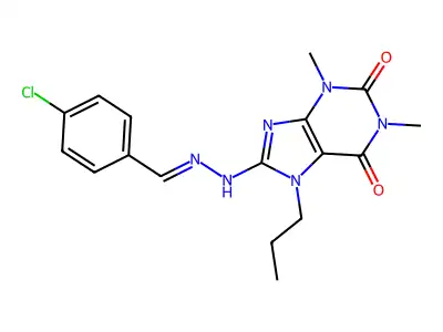 8-[2-[(4-chlorophenyl)methylidene]hydrazinyl]-1,3-dimethyl-7-propylpurine-2,6-dione structure