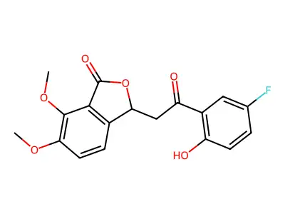 3-[2-(5-fluoro-2-hydroxyphenyl)-2-oxoethyl]-6,7-dimethoxy-3H-2-benzofuran-1-one structure