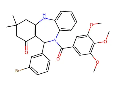 11-(3-bromophenyl)-3,3-dimethyl-10-(3,4,5-trimethoxybenzoyl)-2,3,4,5,10,11-hexahydro-1H-dibenzo[b,e][1,4]diazepin-1-one structure