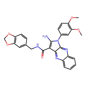 2-amino-N-(1,3-benzodioxol-5-ylmethyl)-1-(3,4-dimethoxyphenyl)-1H-pyrrolo[2,3-b]quinoxaline-3-carboxamide structure