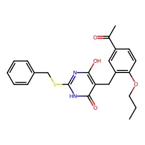 5-[(5-acetyl-2-propoxyphenyl)methyl]-2-benzylsulfanyl-4-hydroxy-1H-pyrimidin-6-one structure