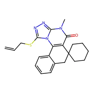 1-(allylthio)-4-methyl-4H-spiro[benzo[h][1,2,4]triazolo[4,3-a]quinazoline-6,1'-cyclohexan]-5(7H)-one structure