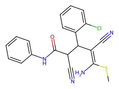 (Z)-5-amino-3-(2-chlorophenyl)-2,4-dicyano-5-methylsulfanyl-N-phenylpent-4-enamide structure
