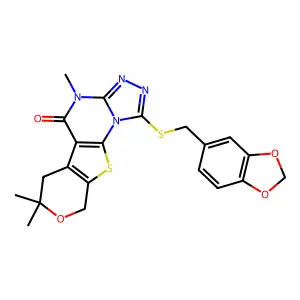 1-((benzo[d][1,3]dioxol-5-ylmethyl)thio)-4,7,7-trimethyl-6,7-dihydro-4H-pyrano[4',3':4,5]thieno[3,2-e][1,2,4]triazolo[4,3-a]pyrimidin-5(9H)-one structure