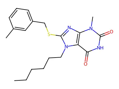 7-Hexyl-3-methyl-8-[(3-methylphenyl)methylsulfanyl]purine-2,6-dione structure