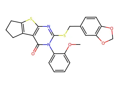 2-[(1,3-benzodioxol-5-ylmethyl)sulfanyl]-3-(2-methoxyphenyl)-3,5,6,7-tetrahydro-4H-cyclopenta[4,5]thieno[2,3-d]pyrimidin-4-one structure
