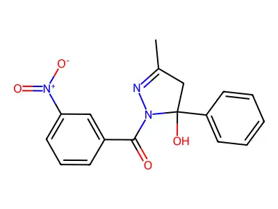 (5-hydroxy-3-methyl-5-phenyl-4H-pyrazol-1-yl)-(3-nitrophenyl)methanone structure