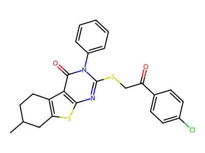 2-[2-(4-chlorophenyl)-2-oxoethyl]sulfanyl-7-methyl-3-phenyl-5,6,7,8-tetrahydro-[1]benzothiolo[2,3-d]pyrimidin-4-one structure