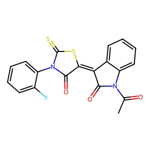 (3Z)-1-acetyl-3-[3-(2-fluorophenyl)-4-oxo-2-thioxo-1,3-thiazolidin-5-ylidene]-1,3-dihydro-2H-indol-2-one structure