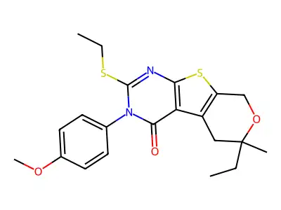 6-ethyl-2-(ethylsulfanyl)-3-(4-methoxyphenyl)-6-methyl-3,5,6,8-tetrahydro-4H-pyrano[4',3':4,5]thieno[2,3-d]pyrimidin-4-one structure