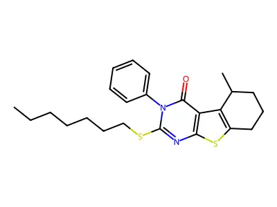 2-(heptylsulfanyl)-5-methyl-3-phenyl-5,6,7,8-tetrahydro[1]benzothieno[2,3-d]pyrimidin-4(3H)-one structure