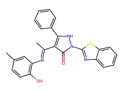 (4E)-2-(1,3-benzothiazol-2-yl)-4-[1-(2-hydroxy-5-methylanilino)ethylidene]-5-phenylpyrazol-3-one structure