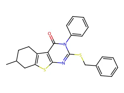 2-benzylsulfanyl-7-methyl-3-phenyl-5,6,7,8-tetrahydro-[1]benzothiolo[2,3-d]pyrimidin-4-one structure