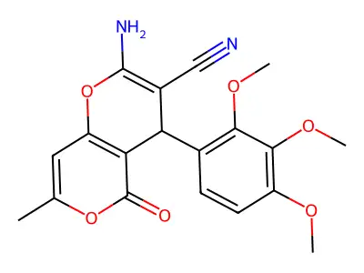 2-amino-7-methyl-5-oxo-4-(2,3,4-trimethoxyphenyl)-4H-pyrano[3,2-c]pyran-3-carbonitrile structure