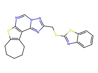 2-((benzo[d]thiazol-2-ylthio)methyl)-9,10,11,12-tetrahydro-8H-cyclohepta[4,5]thieno[3,2-e][1,2,4]triazolo[1,5-c]pyrimidine structure
