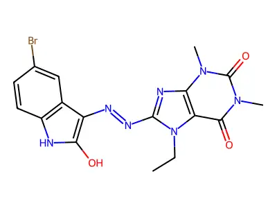 (Z)-8-(2-(5-bromo-2-oxoindolin-3-ylidene)hydrazinyl)-7-ethyl-1,3-dimethyl-1H-purine-2,6(3H,7H)-dione structure