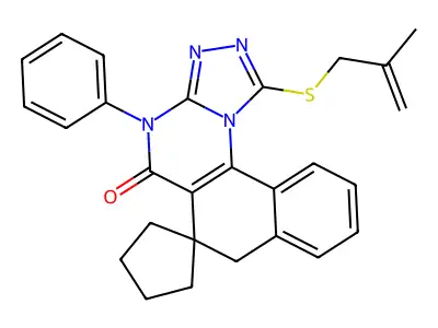 1-((2-methylallyl)thio)-4-phenyl-4H-spiro[benzo[h][1,2,4]triazolo[4,3-a]quinazoline-6,1'-cyclopentan]-5(7H)-one structure