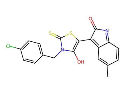 (5Z)-3-[(4-chlorophenyl)methyl]-5-(5-methyl-2-oxo-1H-indol-3-ylidene)-2-sulfanylidene-1,3-thiazolidin-4-one structure