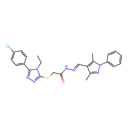 2-{[5-(4-chlorophenyl)-4-ethyl-4H-1,2,4-triazol-3-yl]sulfanyl}-N'-[(E)-(3,5-dimethyl-1-phenyl-1H-pyrazol-4-yl)methylidene]acetohydrazide structure