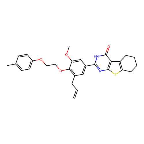 2-(3-allyl-5-methoxy-4-(2-(p-tolyloxy)ethoxy)phenyl)-5,6,7,8-tetrahydrobenzo[4,5]thieno[2,3-d]pyrimidin-4(3H)-one structure