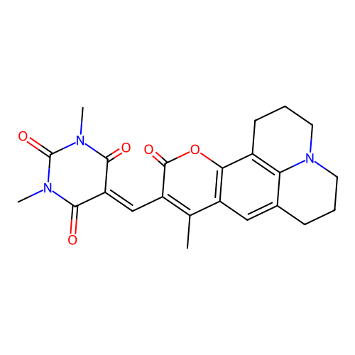 1,3-dimethyl-5-((9-methyl-11-oxo-2,3,5,6,7,11-hexahydro-1H-pyrano[2,3-f]pyrido[3,2,1-ij]quinolin-10-yl)methylene)pyrimidine-2,4,6(1H,3H,5H)-trione structure