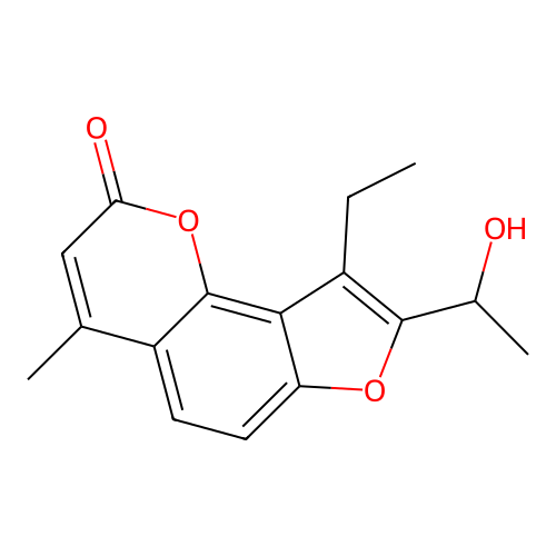 9-ethyl-8-(1-hydroxyethyl)-4-methyl-2H-furo[2,3-h]chromen-2-one structure