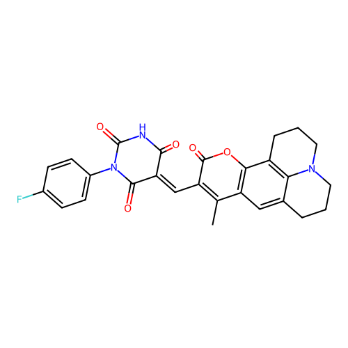 (E)-1-(4-fluorophenyl)-5-((9-methyl-11-oxo-2,3,5,6,7,11-hexahydro-1H-pyrano[2,3-f]pyrido[3,2,1-ij]quinolin-10-yl)methylene)pyrimidine-2,4,6(1H,3H,5H)-trione structure