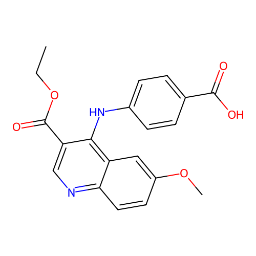 4-{[3-(Ethoxycarbonyl)-6-methoxy-4-quinolyl]amino}benzoic acid structure