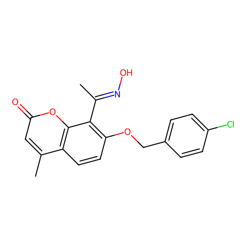 (E)-7-((4-chlorobenzyl)oxy)-8-(1-(hydroxyimino)ethyl)-4-methyl-2H-chromen-2-one structure