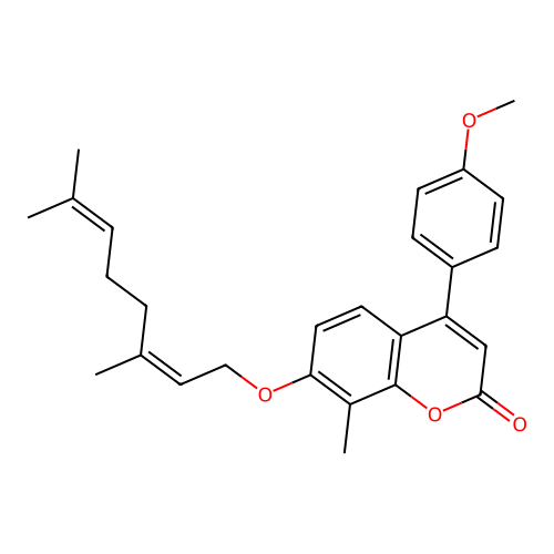 (Z)-7-((3,7-dimethylocta-2,6-dien-1-yl)oxy)-4-(4-methoxyphenyl)-8-methyl-2H-chromen-2-one structure