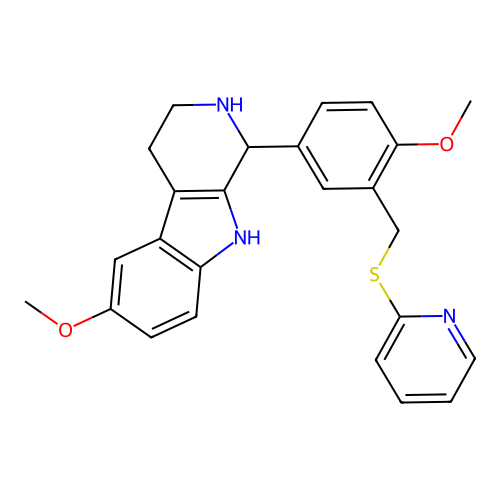 6-methoxy-1-[4-methoxy-3-(pyridin-2-ylsulfanylmethyl)phenyl]-2,3,4,9-tetrahydro-1H-pyrido[3,4-b]indole structure