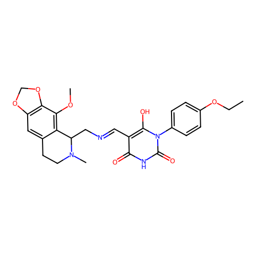 (5E)-1-(4-ethoxyphenyl)-5-({[(4-methoxy-6-methyl-5,6,7,8-tetrahydro[1,3]dioxolo[4,5-g]isoquinolin-5-yl)methyl]amino}methylidene)pyrimidine-2,4,6(1H,3H,5H)-trione structure