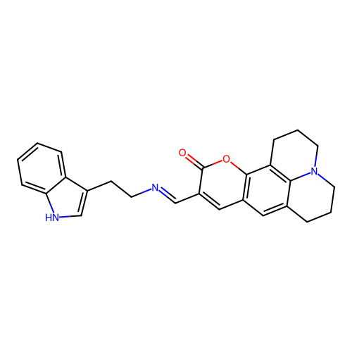 (E)-10-(((2-(1H-indol-3-yl)ethyl)imino)methyl)-2,3,6,7-tetrahydro-1H-pyrano[2,3-f]pyrido[3,2,1-ij]quinolin-11(5H)-one structure