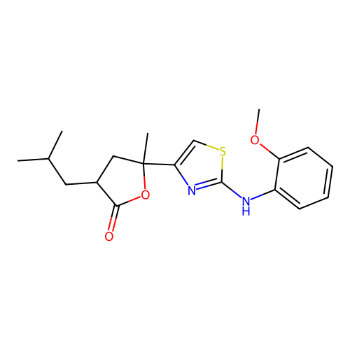 3-isobutyl-5-(2-((2-methoxyphenyl)amino)thiazol-4-yl)-5-methyldihydrofuran-2(3H)-one structure