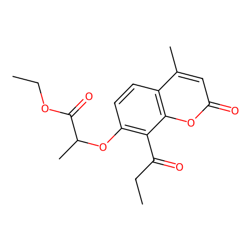 ethyl 2-((4-methyl-2-oxo-8-propionyl-2H-chromen-7-yl)oxy)propanoate structure