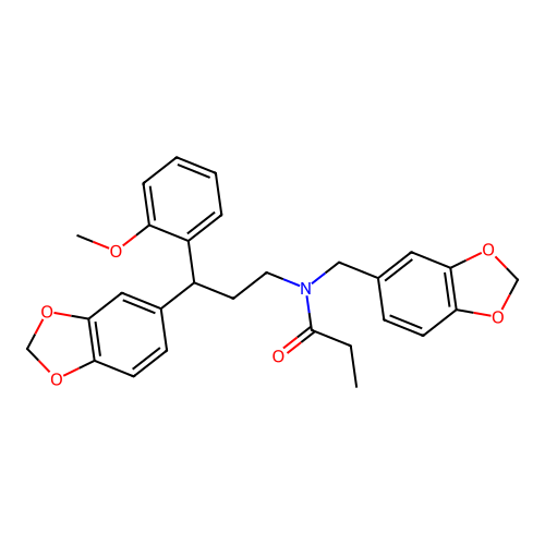 N-[3-(1,3-benzodioxol-5-yl)-3-(2-methoxyphenyl)propyl]-N-(1,3-benzodioxol-5-ylmethyl)propanamide structure