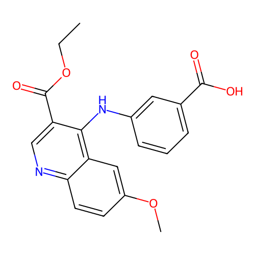 3-{[3-(Ethoxycarbonyl)-6-methoxyquinolin-4-yl]amino}benzoic acid structure
