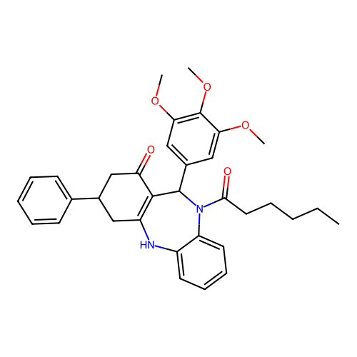 10-hexanoyl-3-phenyl-11-(3,4,5-trimethoxyphenyl)-2,3,4,5,10,11-hexahydro-1H-dibenzo[b,e][1,4]diazepin-1-one structure