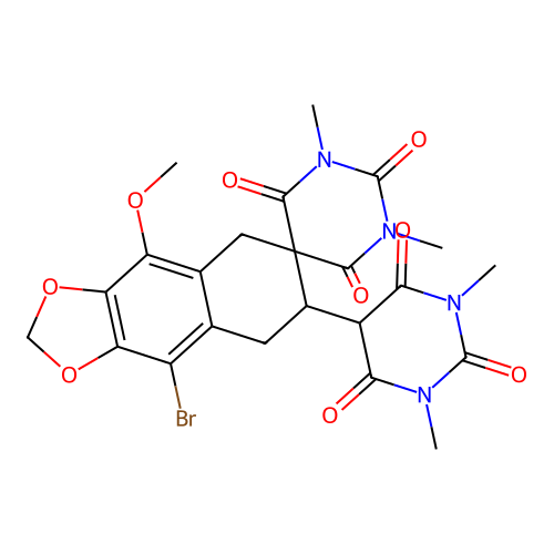 9'-bromo-7'-(1,3-dimethyl-2,4,6-trioxo-1,3-diazinan-5-yl)-4'-methoxy-1,3-dimethylspiro[1,3-diazinane-5,6'-7,8-dihydro-5H-benzo[f][1,3]benzodioxole]-2,4,6-trione structure