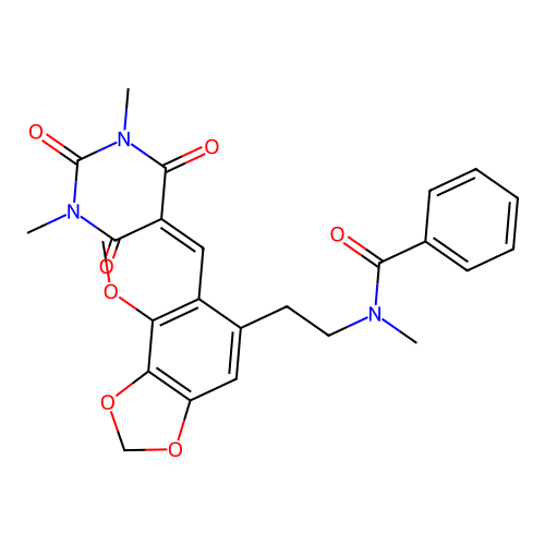 N-(2-(6-((1,3-dimethyl-2,4,6-trioxotetrahydropyrimidin-5(2H)-ylidene)methyl)-7-methoxybenzo[d][1,3]dioxol-5-yl)ethyl)-N-methylbenzamide structure