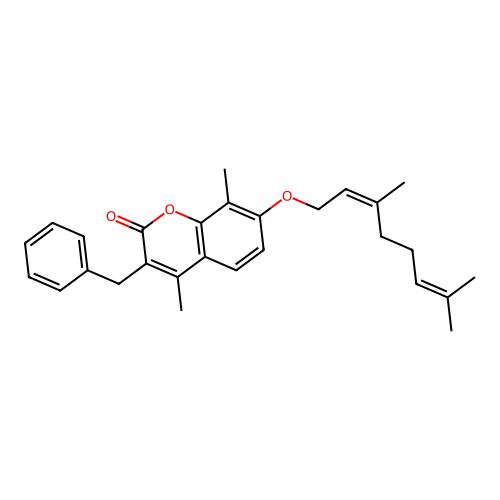 (Z)-3-benzyl-7-((3,7-dimethylocta-2,6-dien-1-yl)oxy)-4,8-dimethyl-2H-chromen-2-one structure
