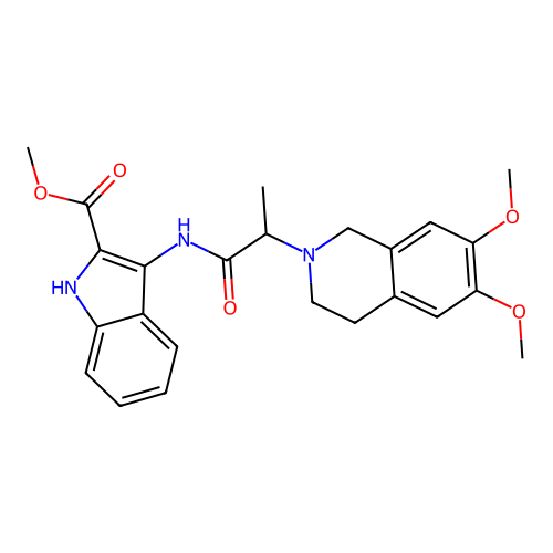 Methyl 3-[2-(6,7-dimethoxy-3,4-dihydro-1H-isoquinolin-2-yl)propanoylamino]-1H-indole-2-carboxylate structure