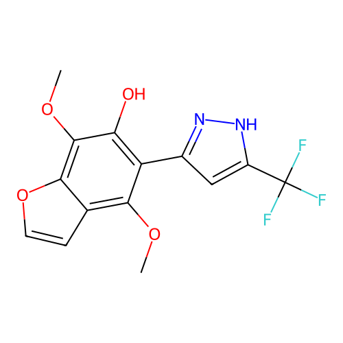 4,7-dimethoxy-5-(5-(trifluoromethyl)-1H-pyrazol-3-yl)benzofuran-6-ol structure