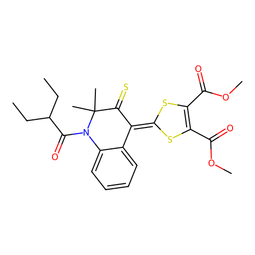 dimethyl 2-[1-(2-ethylbutanoyl)-2,2-dimethyl-3-thioxo-2,3-dihydroquinolin-4(1H)-ylidene]-1,3-dithiole-4,5-dicarboxylate structure